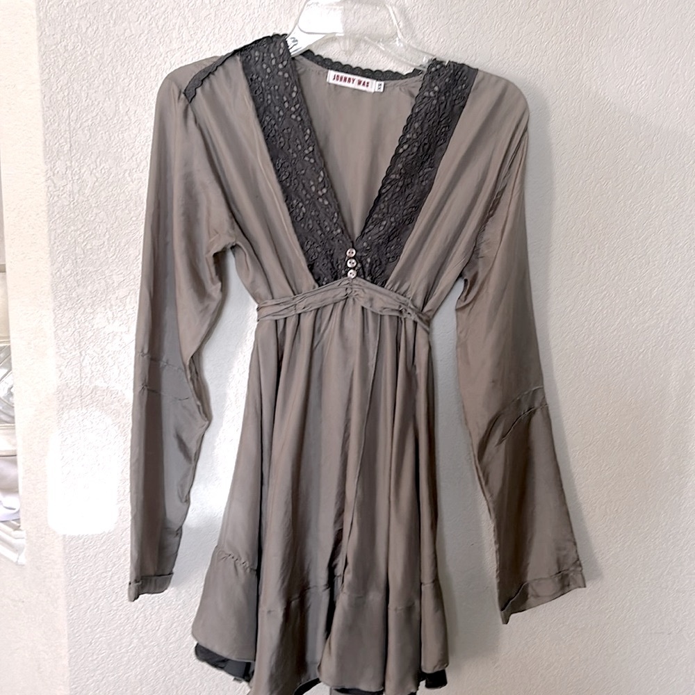 Johnny Was Vintage Y2K Silk Top Tunic Kimono Style Crochet Boho Neck Size XS